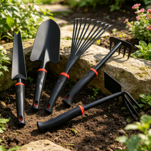 5-Piece Carbon Steel Garden Tool Set With Shovel Trowel Rake Hoe Rubber Grip